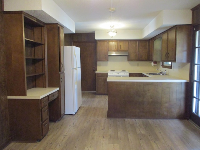 kitchen with white appliances, sink, light hardwood / wood-style flooring, dark brown cabinetry, and kitchen peninsula