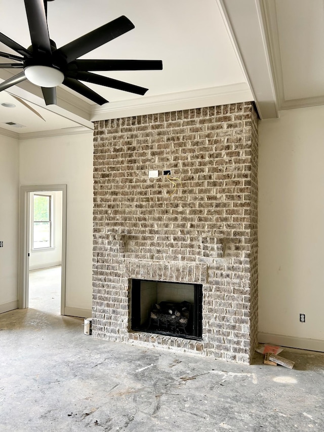 504 Gresham Ln, Murfreesboro, TN 37129 - unfurnished living room with a brick fireplace, crown molding, and ceiling fan
