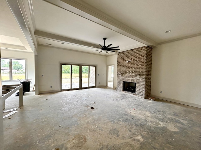 504 Gresham Ln, Murfreesboro, TN 37129 - unfurnished living room featuring a ceiling fan, beamed ceiling, a wealth of natural light, and a fireplace