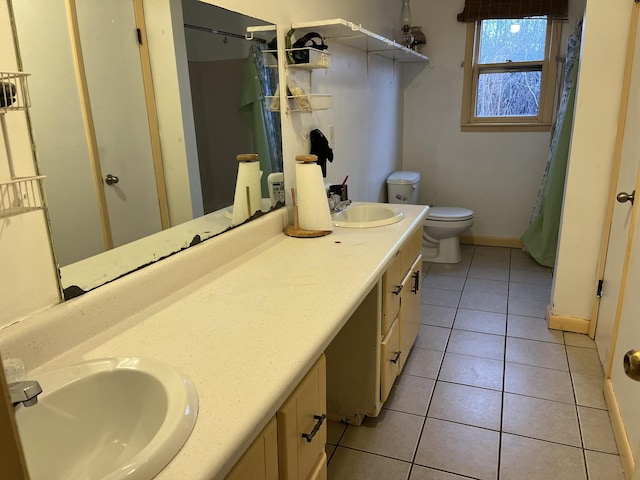 bathroom featuring vanity, tile patterned floors, and toilet