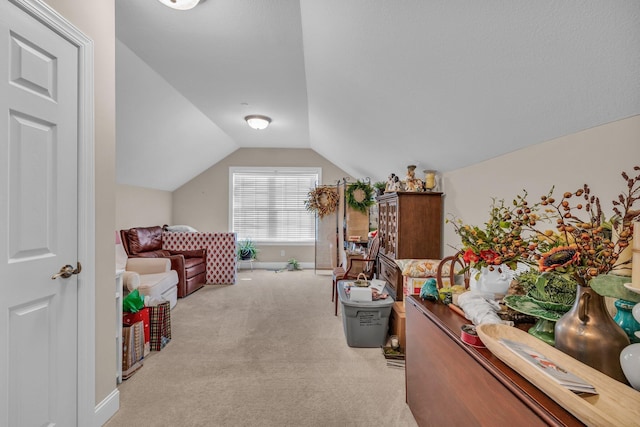 bedroom with light colored carpet and lofted ceiling