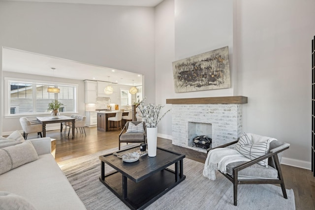 living room with hardwood / wood-style floors and a high ceiling