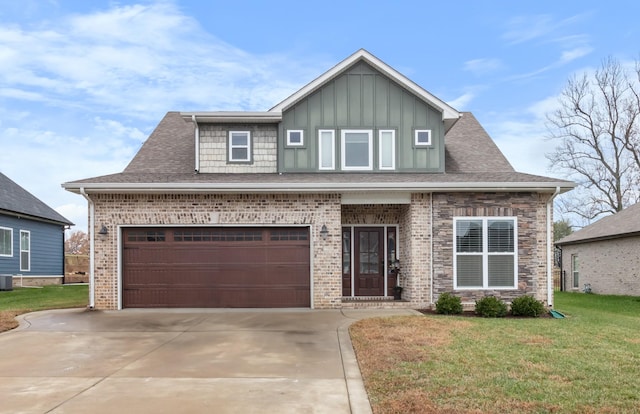 craftsman inspired home featuring a garage, central air condition unit, and a front lawn