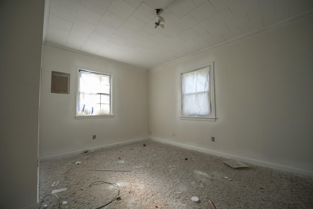 empty room with carpet and ornamental molding