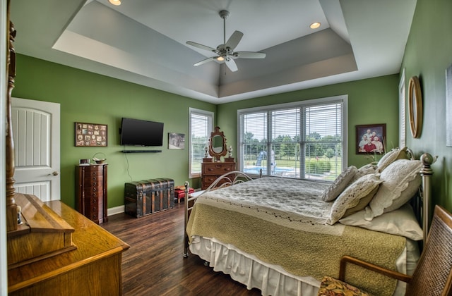 bedroom featuring ceiling fan, dark hardwood / wood-style floors, and a raised ceiling