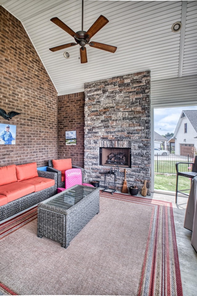 view of patio featuring an outdoor living space with a fireplace