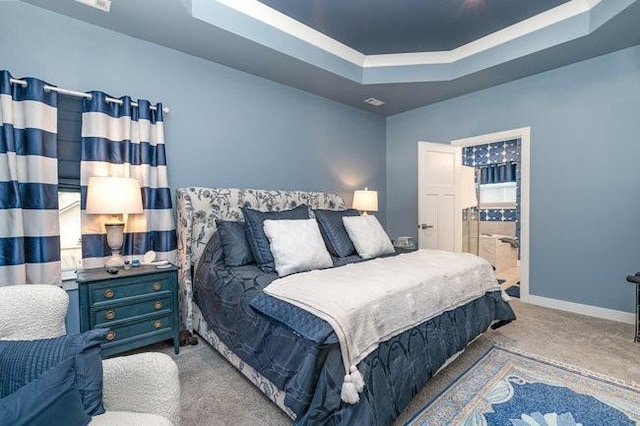 bedroom featuring carpet and a raised ceiling