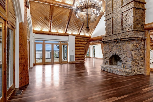 unfurnished living room featuring high vaulted ceiling, a chandelier, wood-type flooring, a fireplace, and wood ceiling