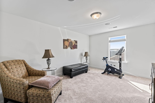 living area featuring light colored carpet