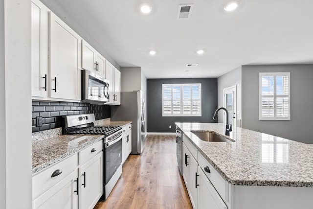 kitchen featuring sink, plenty of natural light, a kitchen island with sink, and appliances with stainless steel finishes