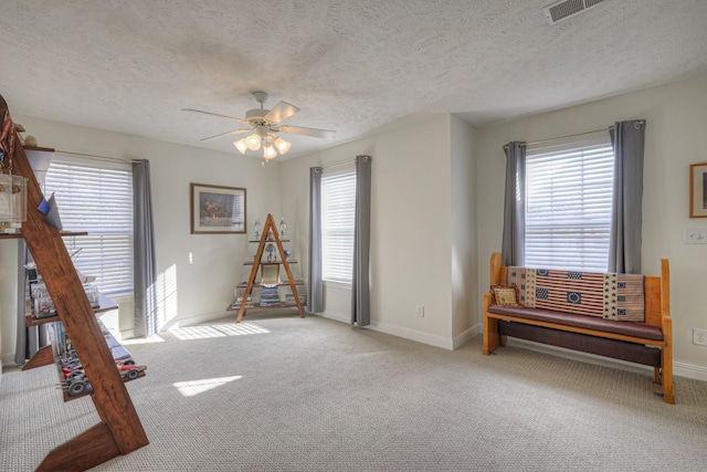 interior space with carpet flooring, a textured ceiling, a wealth of natural light, and ceiling fan