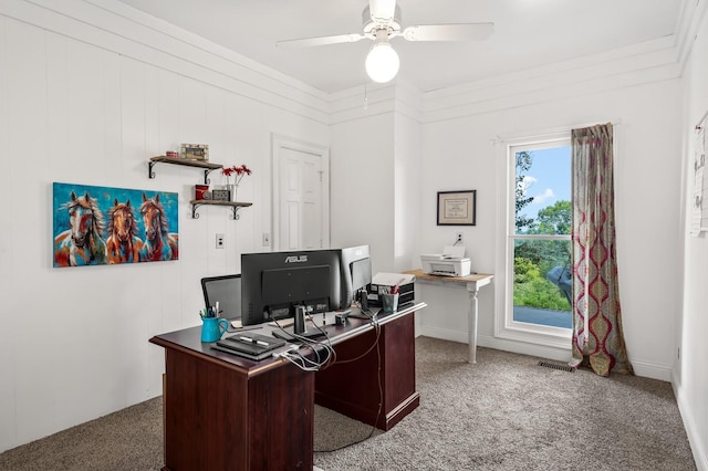 home office featuring ceiling fan and carpet floors