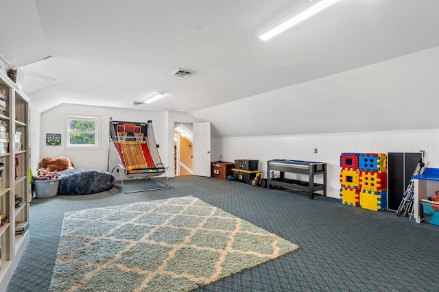 playroom with carpet flooring and vaulted ceiling