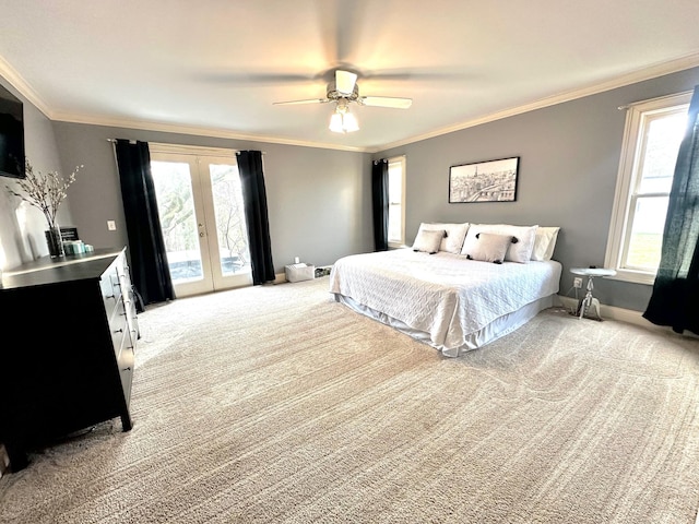 bedroom featuring access to exterior, french doors, ceiling fan, and ornamental molding