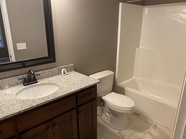 full bathroom with vanity, bathtub / shower combination, and toilet