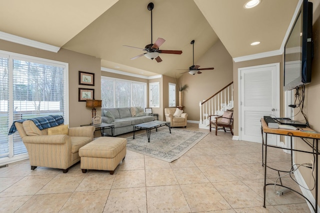 tiled living room featuring ceiling fan, high vaulted ceiling, and ornamental molding