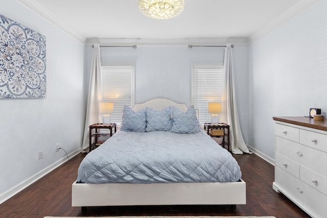 bedroom with crown molding and dark hardwood / wood-style floors