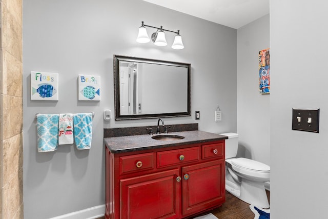 bathroom with vanity, wood-type flooring, and toilet