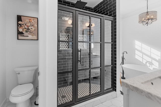 full bathroom featuring crown molding, tile patterned flooring, vanity, shower with separate bathtub, and toilet