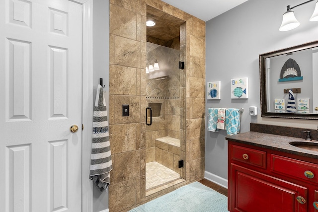 bathroom featuring vanity and a shower with shower door