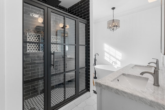 bathroom with ornamental molding, plus walk in shower, tile patterned flooring, and vanity