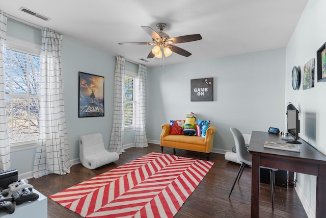 office featuring ceiling fan and dark hardwood / wood-style flooring