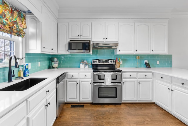 kitchen with white cabinetry, extractor fan, sink, and appliances with stainless steel finishes