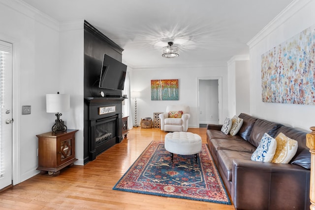 living room with ornamental molding, wood-type flooring, and a fireplace