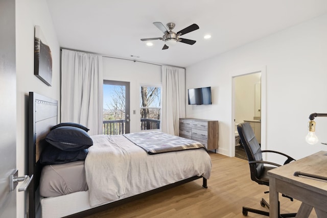 bedroom with access to outside, light hardwood / wood-style flooring, and ceiling fan