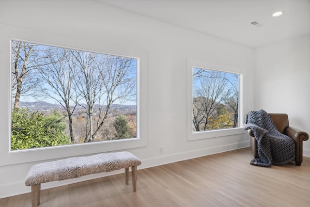 sitting room with a mountain view, a wealth of natural light, and light hardwood / wood-style flooring