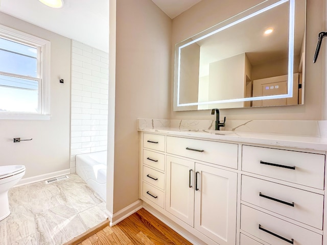 bathroom featuring hardwood / wood-style flooring, vanity, and toilet