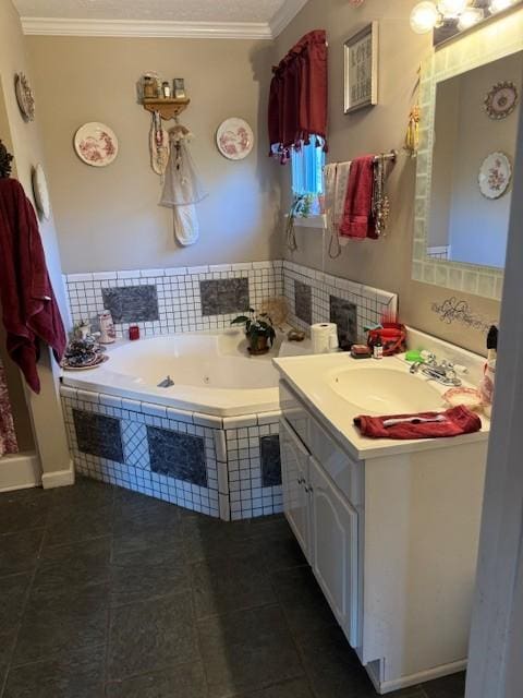 bathroom with tile patterned floors, crown molding, vanity, and a relaxing tiled tub