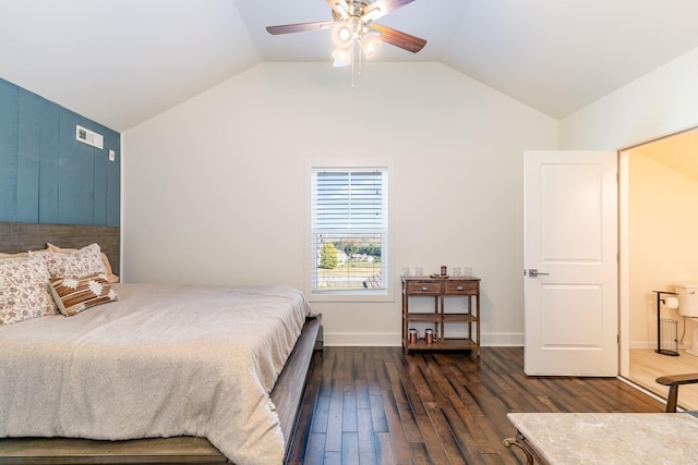 bedroom featuring dark hardwood / wood-style floors, ceiling fan, and lofted ceiling