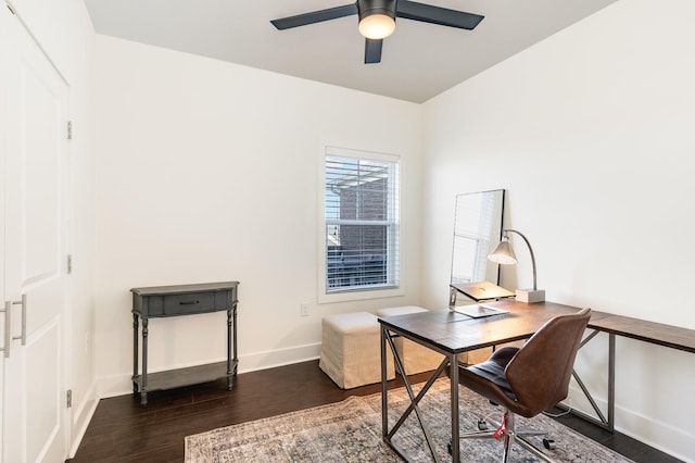 office with dark hardwood / wood-style floors and ceiling fan