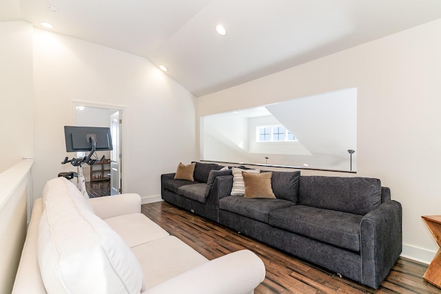 living room featuring dark hardwood / wood-style floors and lofted ceiling