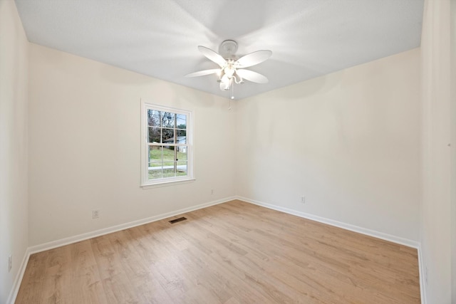 empty room featuring ceiling fan and light hardwood / wood-style flooring