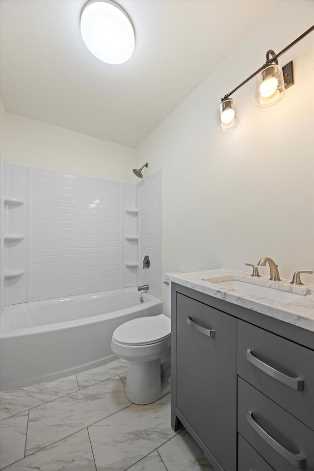 full bathroom with vanity, toilet, and tiled shower / bath combo