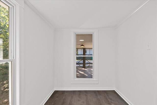 unfurnished room featuring ornamental molding and dark wood-type flooring