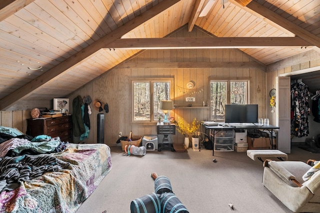 bedroom featuring vaulted ceiling with beams, wood ceiling, and multiple windows