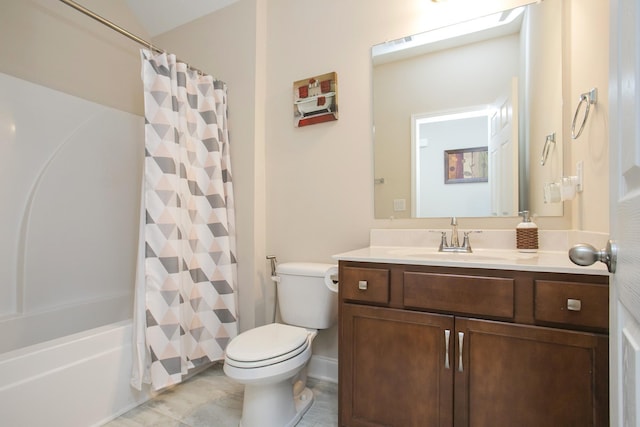 full bathroom featuring tile patterned floors, vanity, toilet, and shower / tub combo with curtain