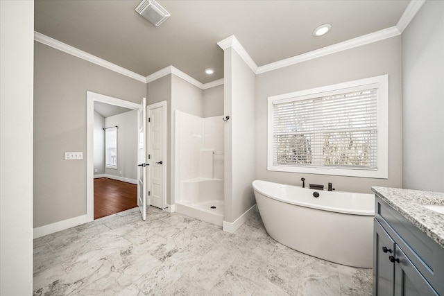 bathroom with shower with separate bathtub, vanity, and ornamental molding