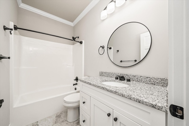 full bathroom featuring toilet, vanity, tub / shower combination, and ornamental molding