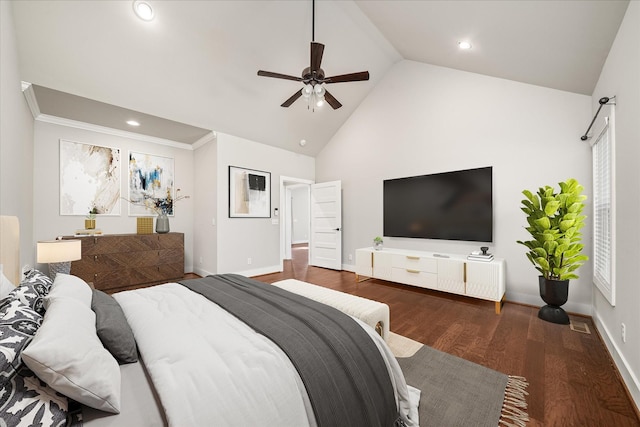 bedroom featuring high vaulted ceiling, ceiling fan, dark wood-type flooring, and crown molding