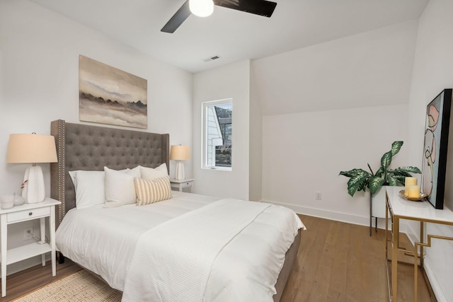 bedroom featuring ceiling fan and wood-type flooring