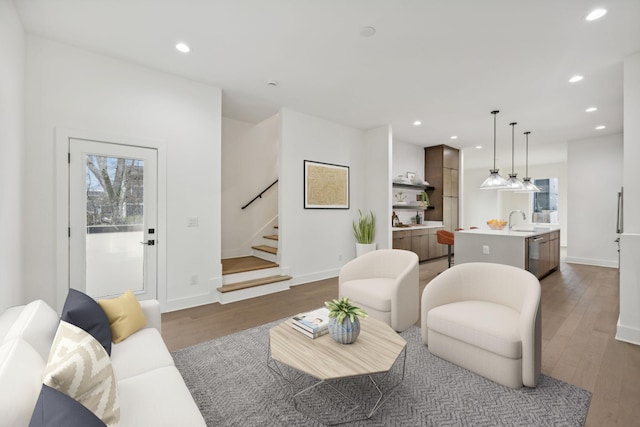 living room with sink and dark hardwood / wood-style floors