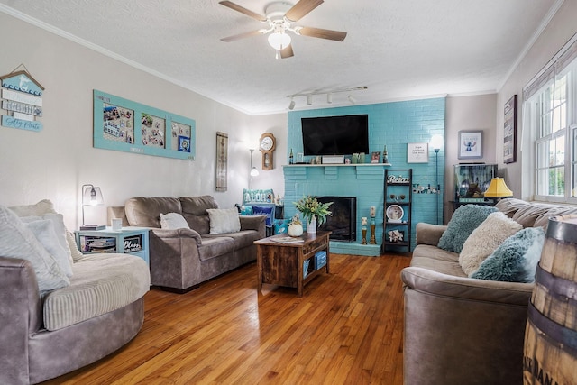 living room featuring rail lighting, crown molding, a fireplace, a textured ceiling, and wood-type flooring