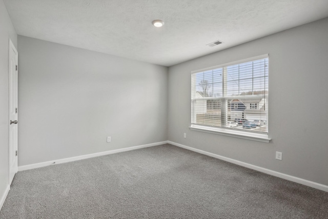 carpeted empty room featuring a textured ceiling