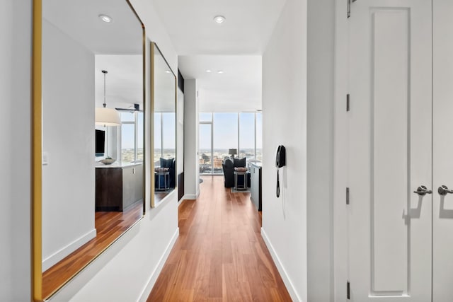 corridor featuring floor to ceiling windows and light hardwood / wood-style flooring