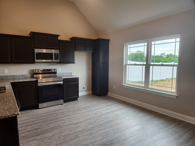 kitchen with light hardwood / wood-style floors, light stone countertops, appliances with stainless steel finishes, and vaulted ceiling