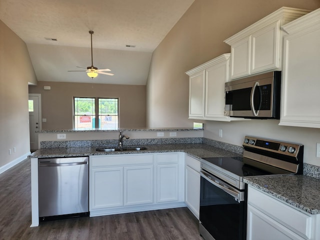 kitchen with vaulted ceiling, appliances with stainless steel finishes, white cabinets, and sink